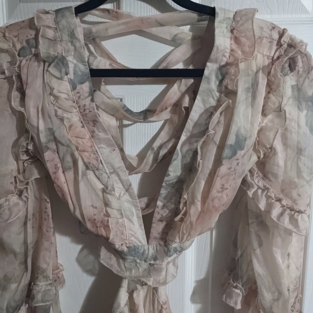 FINAL PRICE Peach Floral Print Dress XS V-Neck Long Slv Ruffly Cutout Lace Back - Picture 4 of 8